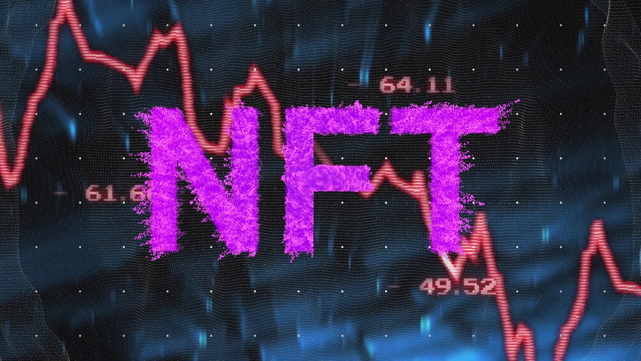 NFT acronym being animated in abstract digital dashboard, showing red line graph on dot grid