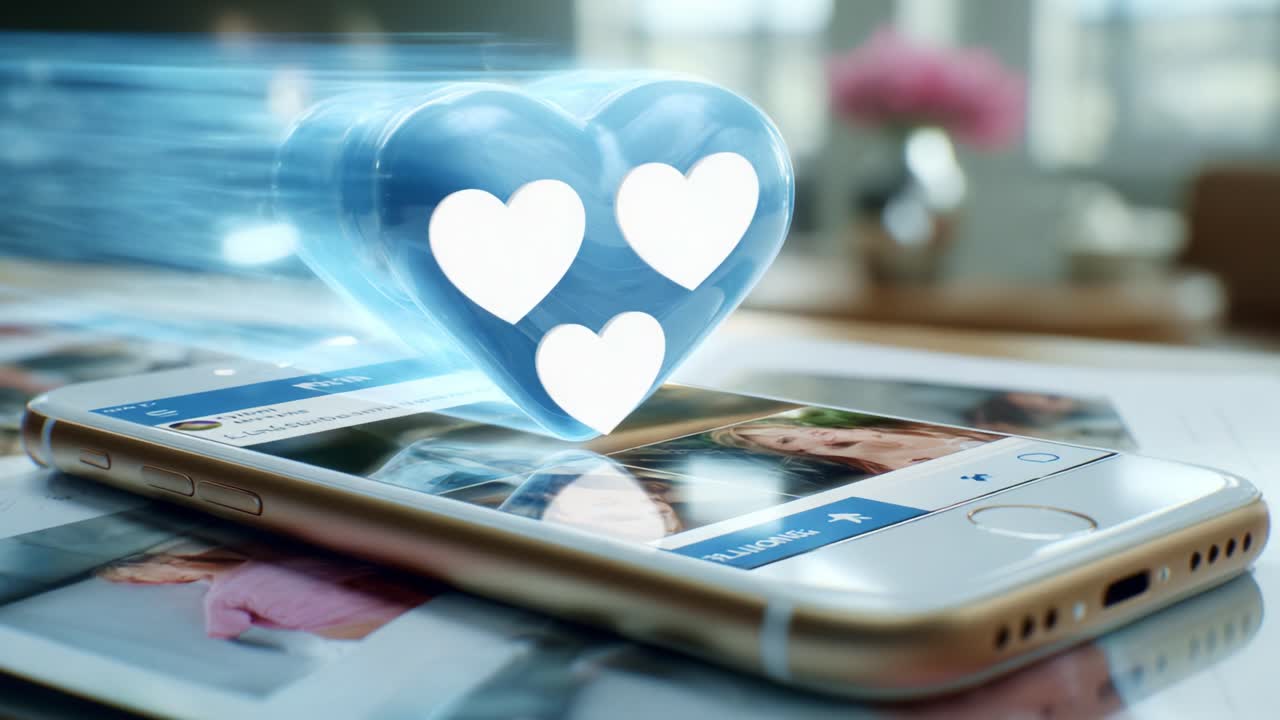 A Floating Blue Heart Emphasizes the Power of Connection through Social Media, Representing Love and Interaction in the Digital Age with a Vibrant Smartphone Display