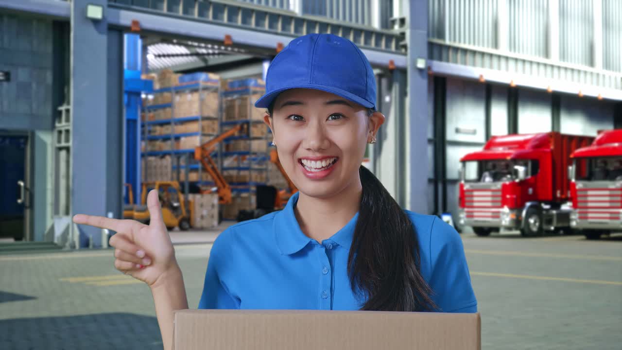 Close Up Of Asian Female Courier In Blue Uniform Smiling And Pointing To The Side While Delivering A Carton, Outside Warehouse