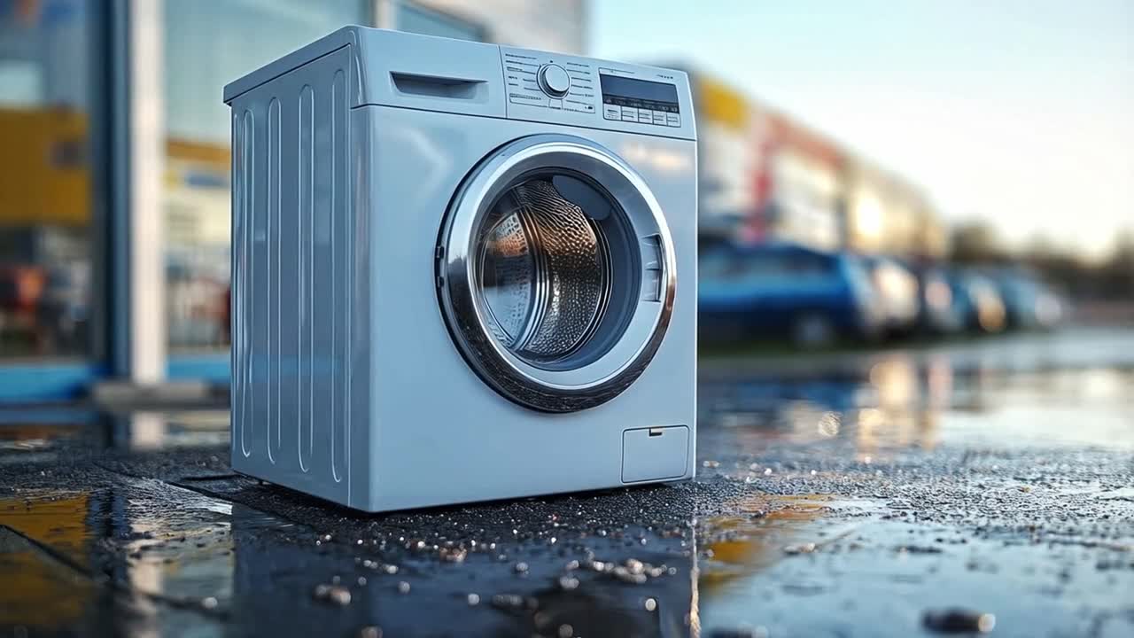 A modern washing machine outdoors on a wet surface