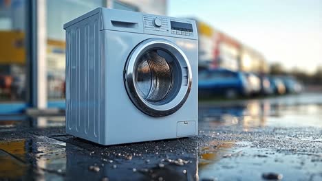 a modern washing machine outdoors on a wet surface