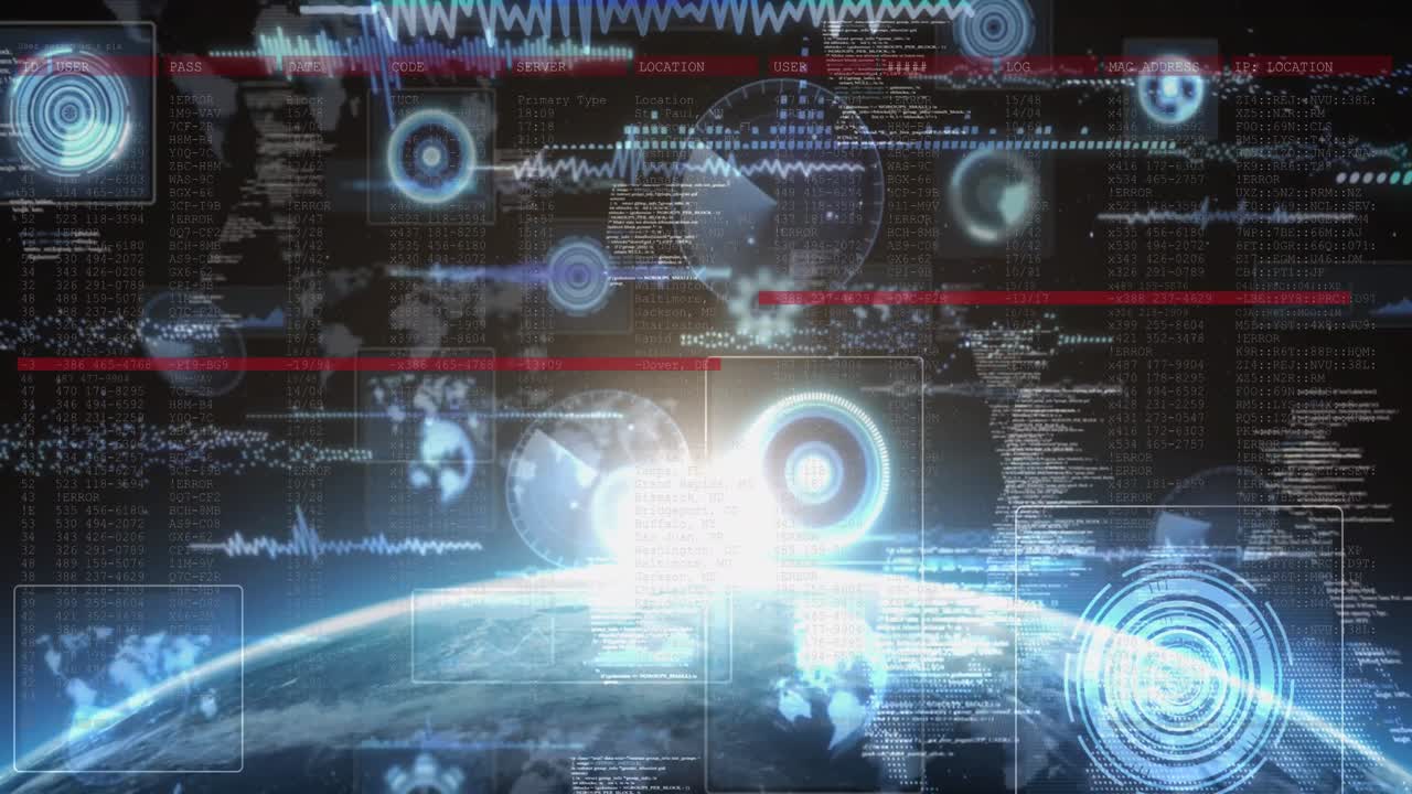 지구를 스캔하는 스크린과 스 ⁇ 에서 데이터 처리의 애니메이션