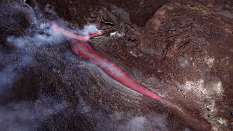 Flowing lava on Mount Etna in Sicily, captured with aerial view