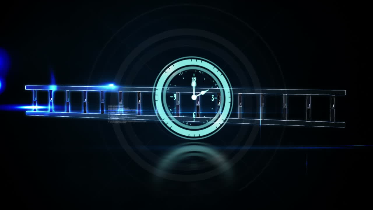 네온 시계, 회전하는 dna 구조 및 파란색 배경에 대한 데이터 처리 애니메이션