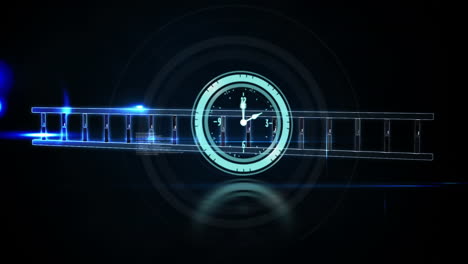 animation of neon ticking clock, spinning dna structure and data processing against blue background