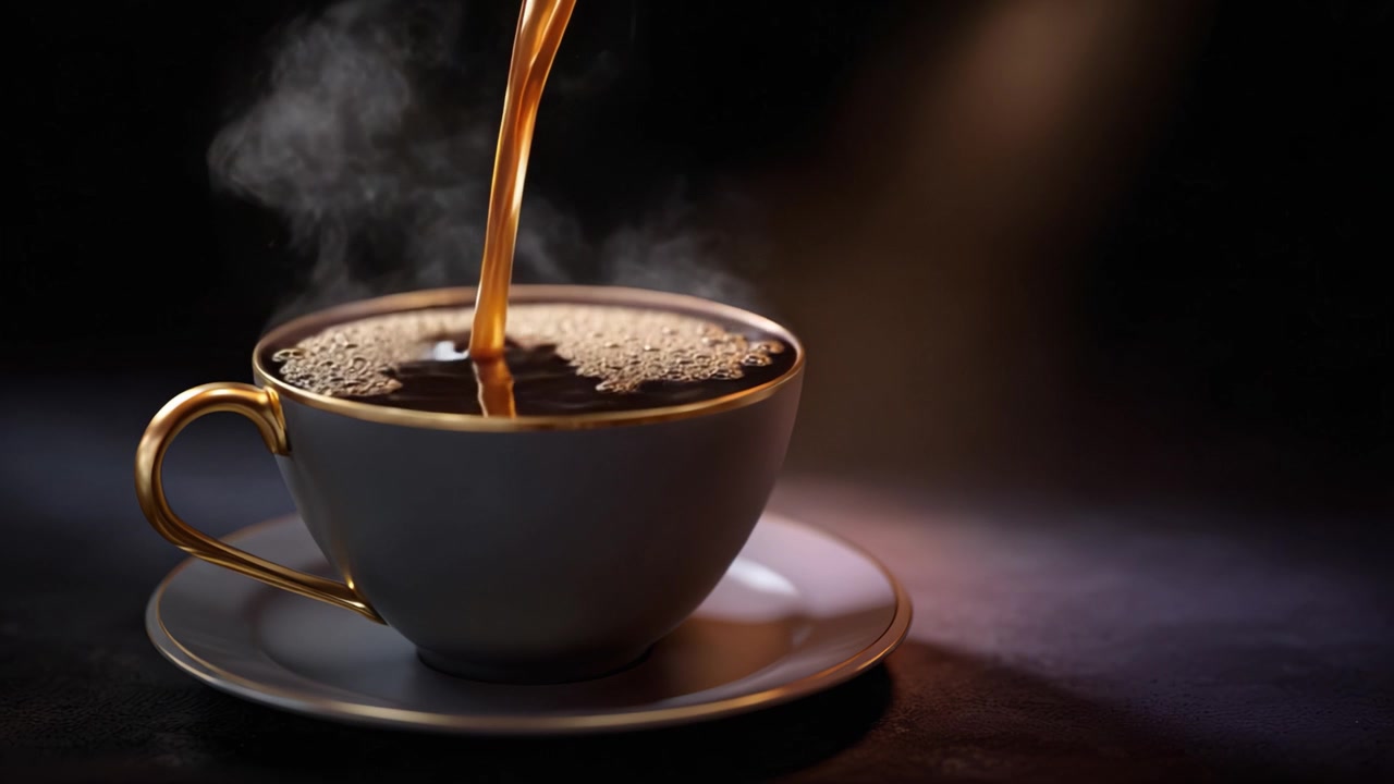Et nærbillede af dampende kaffe, der hældes i en elegant kop, fremviser rig aroma og gyldne accenter mod en mørk baggrund.