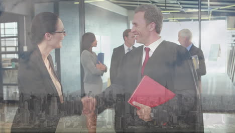 animation of businessman handshake over cityscape