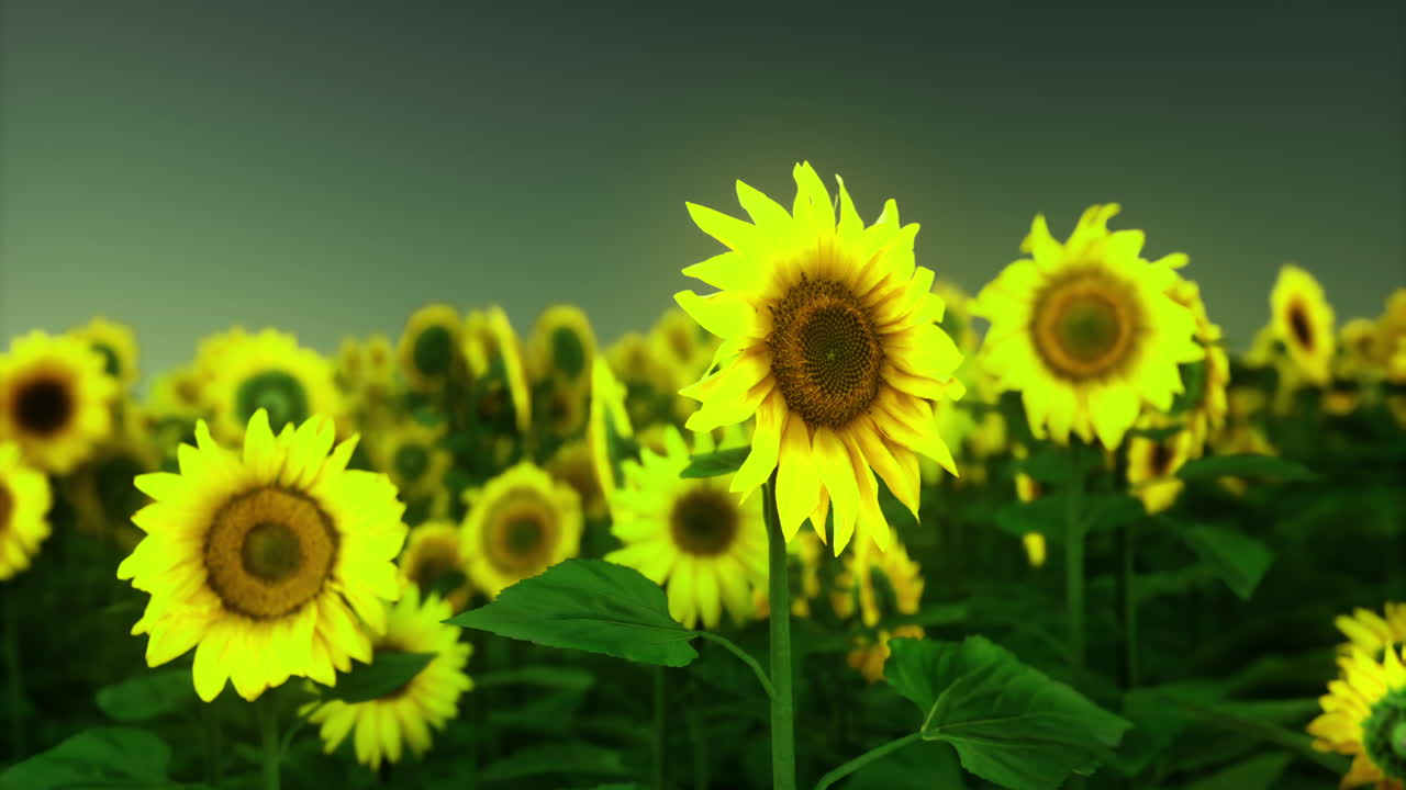 여름 동안 활기찬 에서 은 하늘 아래 꽃이 피고 있는 해바라기
