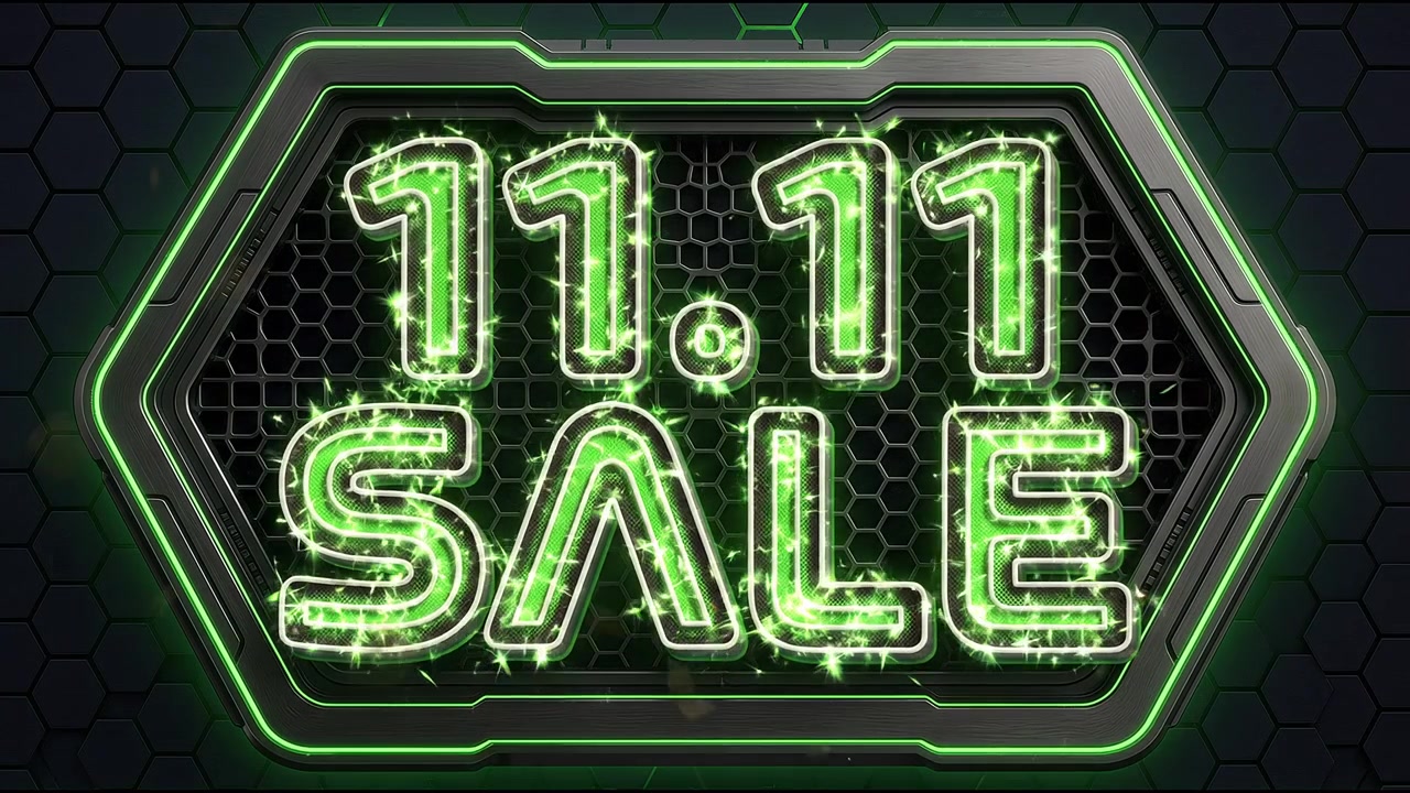 11.11 Sale Promotional Graphic with Neon Green Text and Confetti