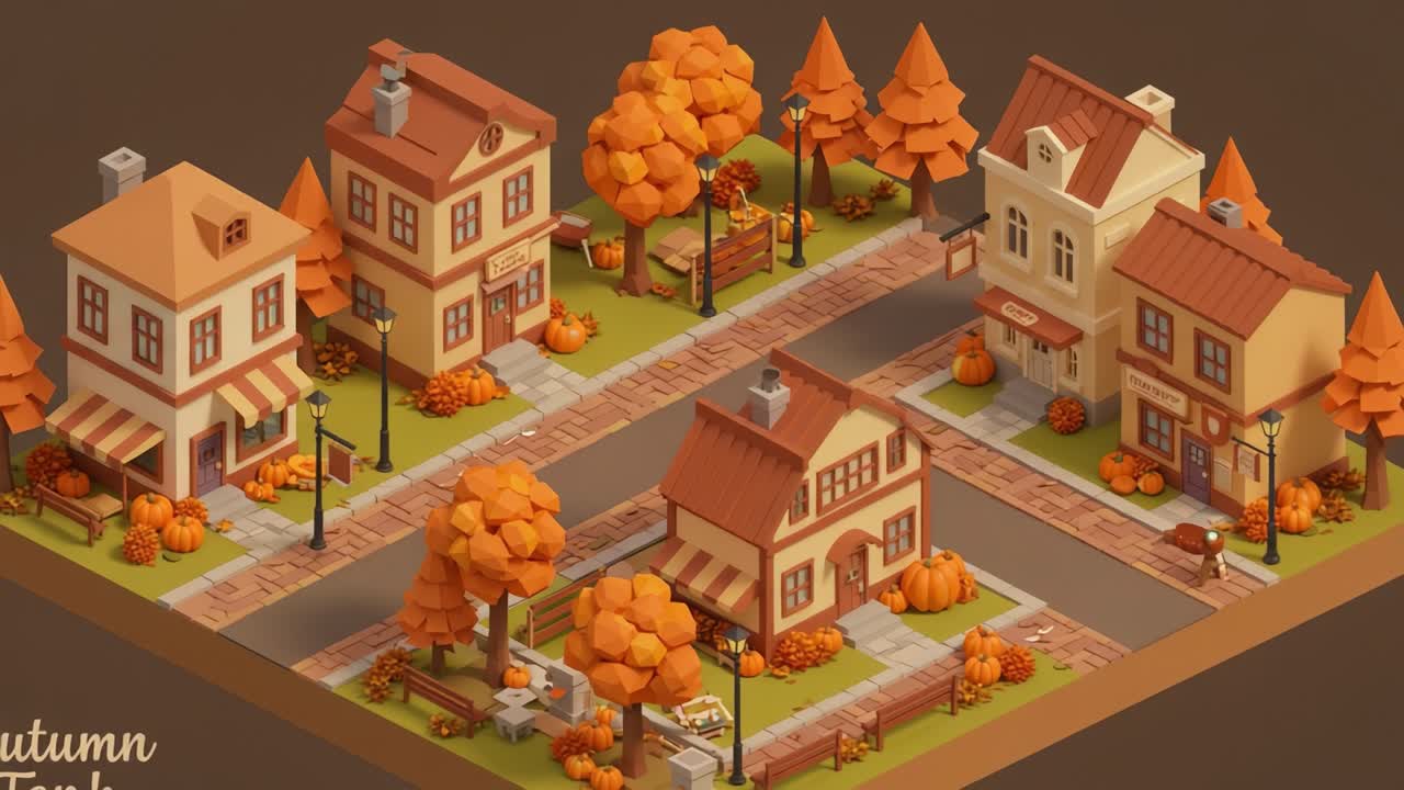 Charming Autumn Village: A Captivating Rooftop View of Warm Hues, Cozy Homes, and Lush Pumpkin Displays in a Scenic Seasonal Townscape
