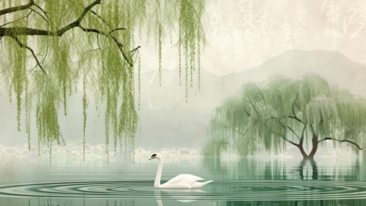 Thiên nga trắng hoạt hình lướt nhẹ trên hồ nước thanh bình với những cây liễu theo phong cách tranh Trung Quốc