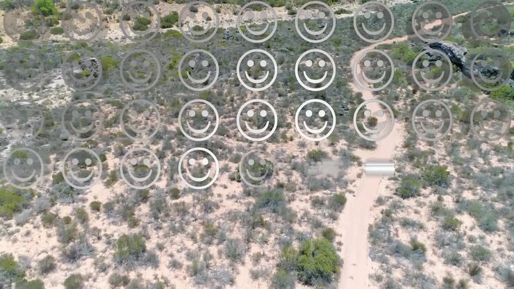 Digital composition of rows of multiple smiling face emojis against aerial view of forest path