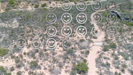 composición digital de filas de múltiples emojis de caras sonrientes frente a una vista aérea del camino del bosque