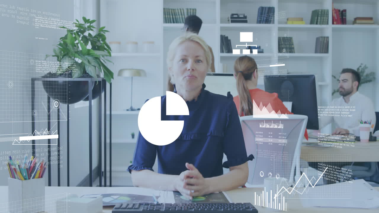 animazione dell'elaborazione dei dati finanziari su diversi uomini d'affari in ufficio