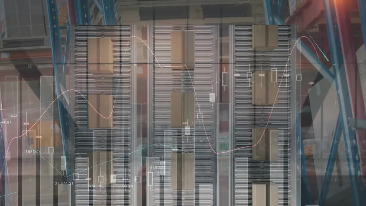 animación de estadísticas sobre cajas de cartón en cintas transportadoras en el fondo