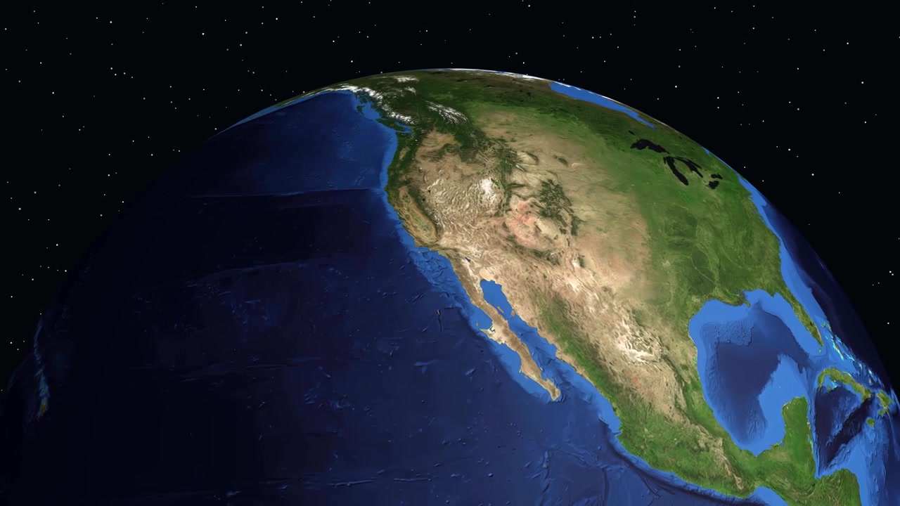 Un globo rotante si ingrandisce dallo spazio verso il Nord America, evidenziando Los Angeles con una sovrapposizione di informazioni demografiche