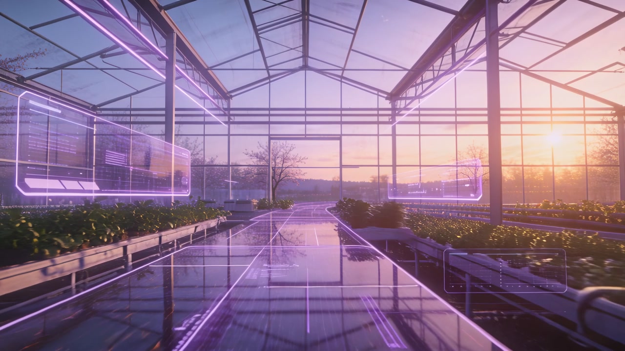 Gliding camera scanning hydro beds along shiny path in greenhouse tracing purple holo UI neon lines