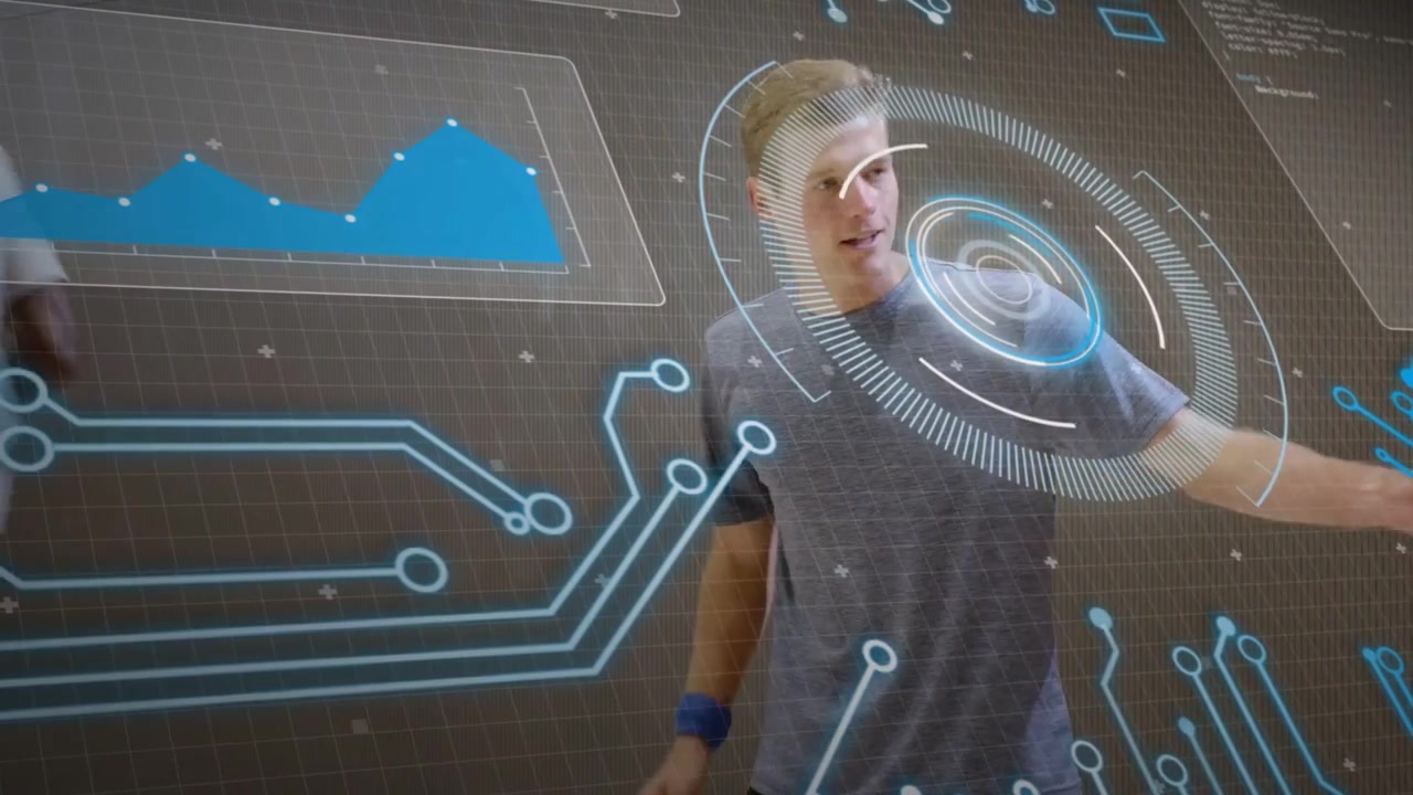 Blond man gray shirt reaching display initiating team doing sports training drills with HUD metrics