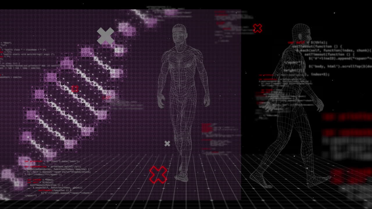 Animation of dna strand, human body model and data processing over black background