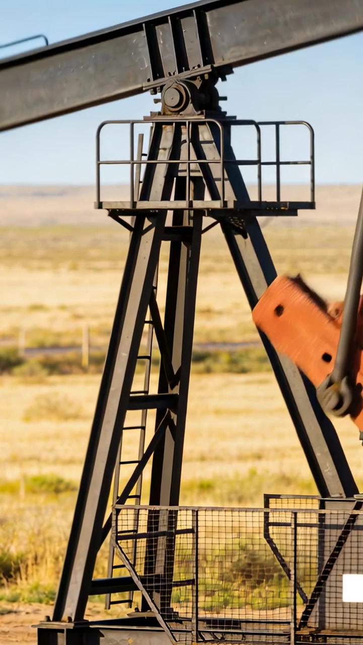Vertical video: Engaging drive, pumpjack tower rocking, pumping oil on dry grassland, horsehead
