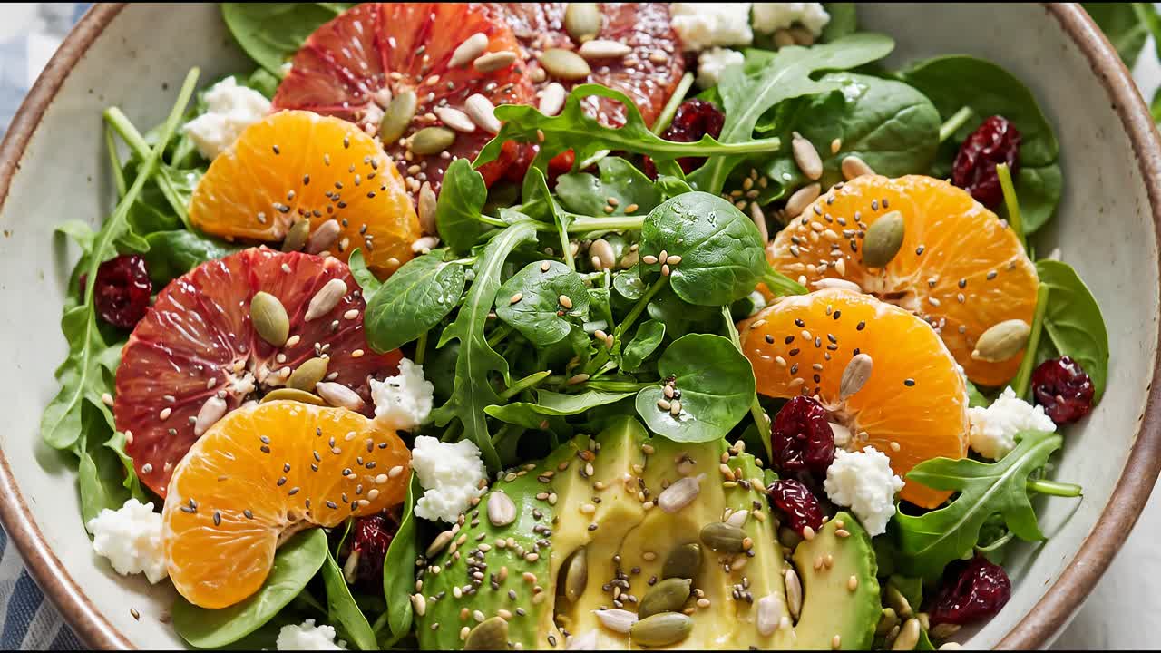 Seramik kasede tohumlar ve peynirle zenginleştirilmiş renkli narenciye, avokado ve yeşillik salatası.