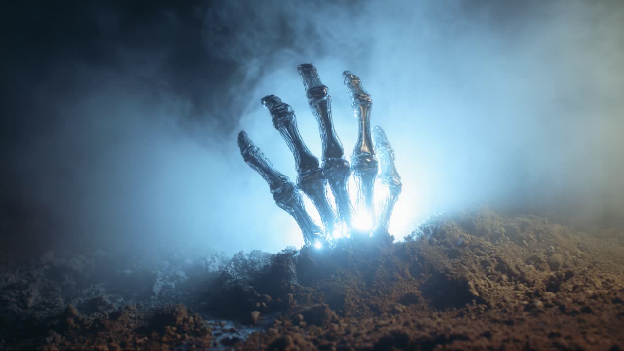 A striking depiction of an illuminated skeletal hand emerging from the ground, surrounded by ethereal mist and atmospheric light, capturing the essence of the supernatural and mysterious