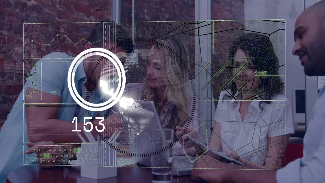 Team leaning in as HUD appearing over tablet, woman swiping, meter fluctuating for business data