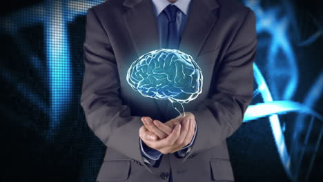un hombre de negocios presenta el cerebro con las manos.