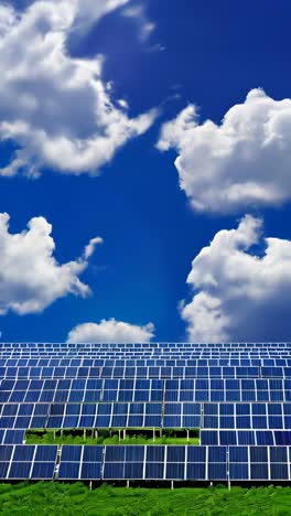a solar panel array is in a field with a cloudy sky in the background