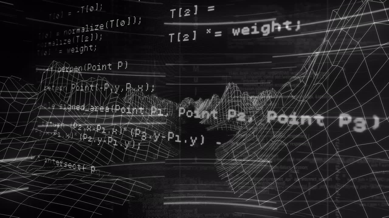 Animation of data processing and digital mountains on black background