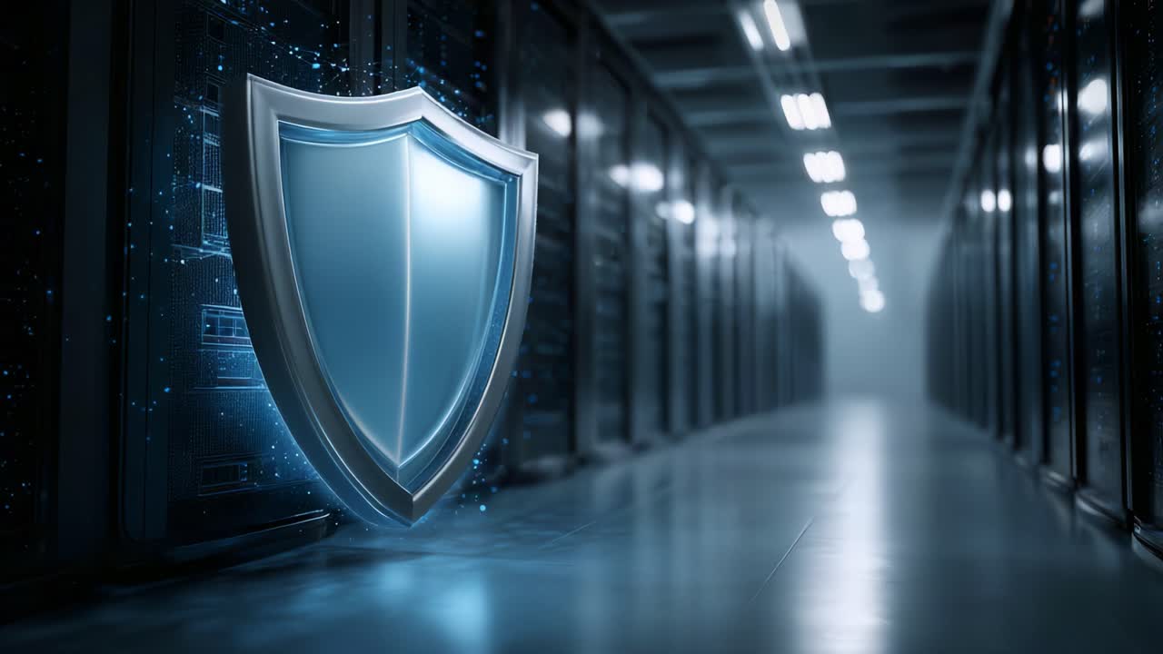 A Digital Shield Symbolizing Cybersecurity in a Modern Data Center, Representing Protection Against Threats in a High-Tech Environment