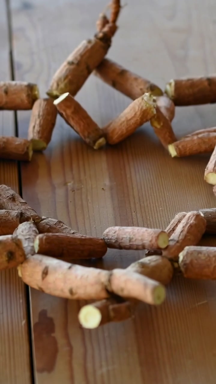Vertical video: Nudging cut sticks forming star ring on wood table seam and stain for balance
