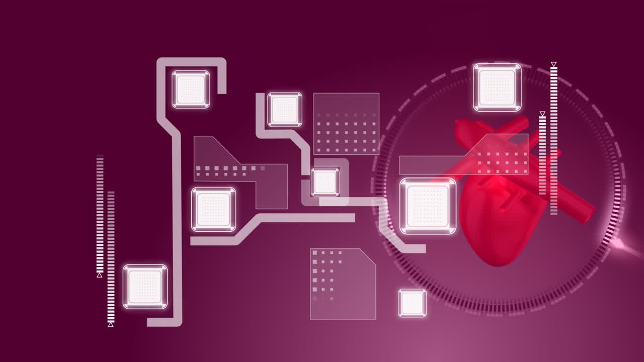 인체 심장 모델 위의 집적 회로의 애니메이션