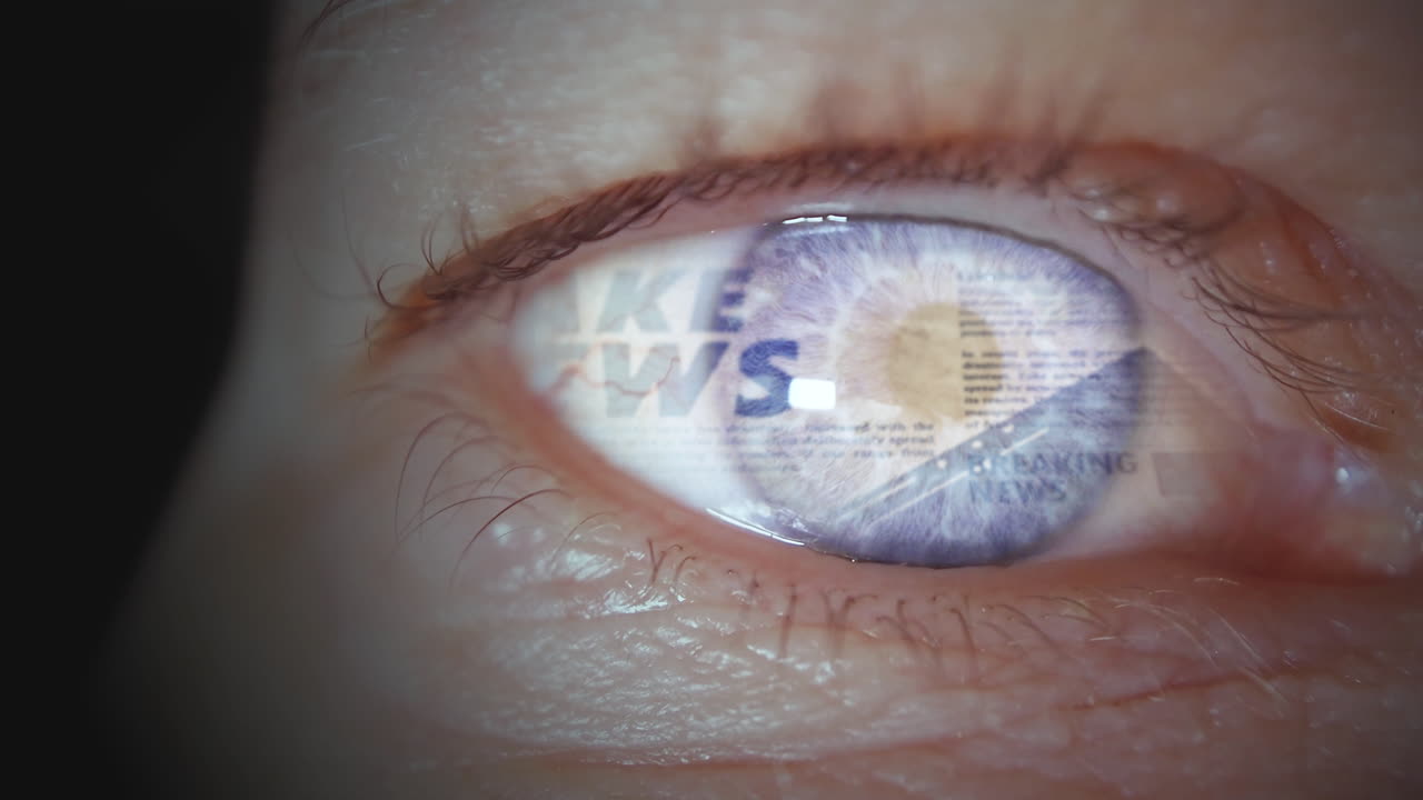 가짜 뉴스 및 미디어 조작에 대한 헤드라인이 반영되는 인간 여성 눈의 매크로, 인터넷 및 소셜 미디어에서 가짜 뉴스의 개념