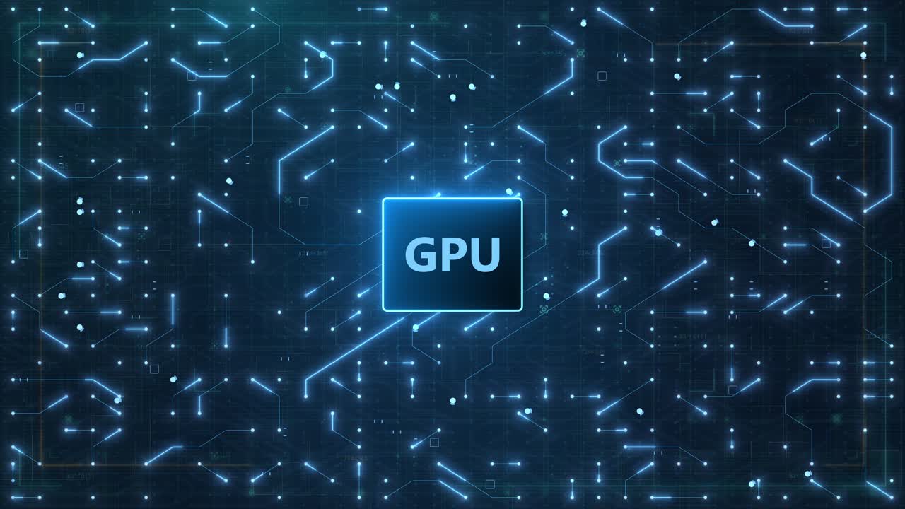 GPU-behandlingskoncept med kredsløb og digital teknologi. Blå glødende linjer repræsenterer dataoverførsel, netværksforbindelse, AI og virtuel mining