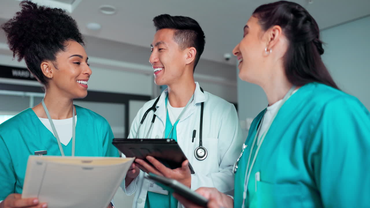 Teamwork, meeting and doctors on tablet