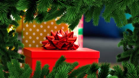 animación del marco del árbol de abeto de navidad sobre los regalos en el fondo