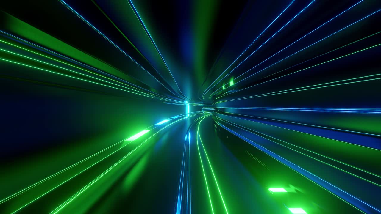 un túnel de alta tecnología abstracto en bucle de 4k con luces de neón, la cámara vuela a través del túnel, las luces de neon azul-verde parpadean. fondo de ciencia ficción al estilo de cyberpunk o futuro de alta tecnología. fondo 7