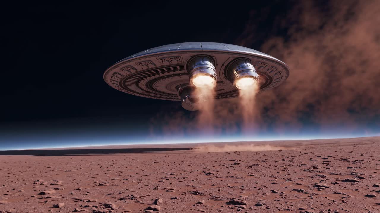 A low-angle shot of a UFO landing on a barren landscape, with dust swirling