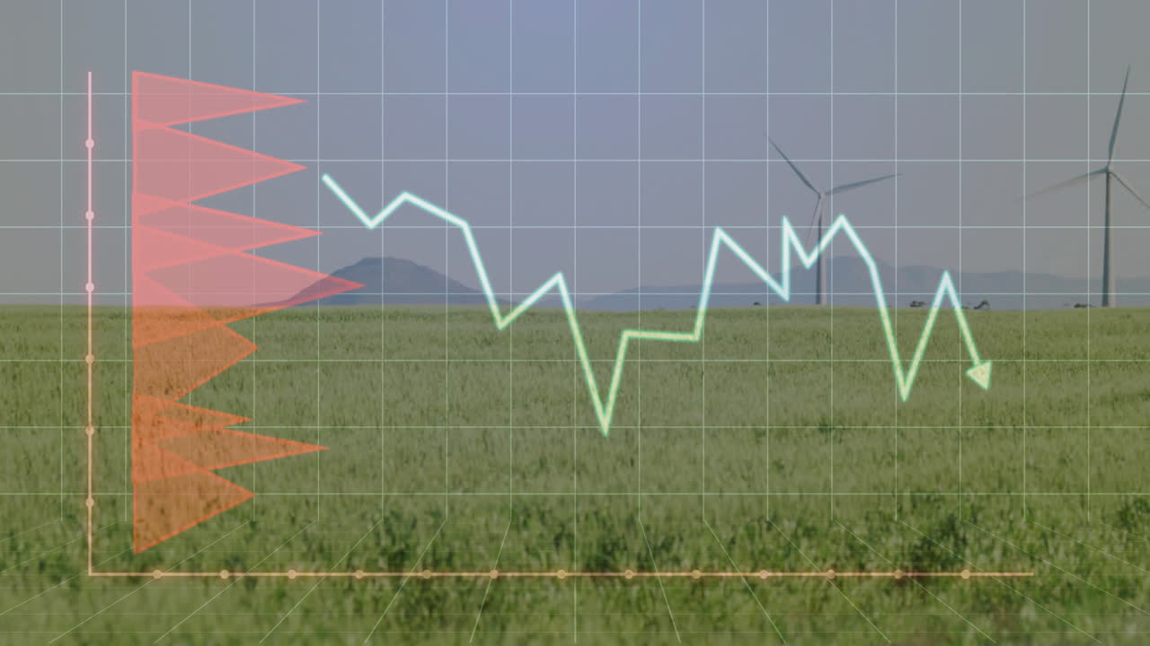 Neon green line graph zigzagging across farmland crossing red bars beside turbines in flat design