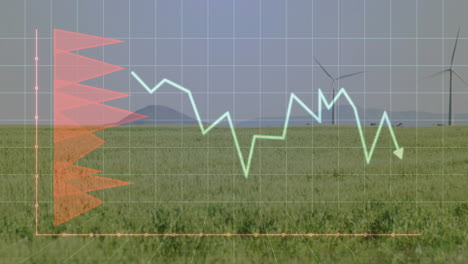 neon green line graph zigzagging across farmland crossing red bars beside turbines in flat design