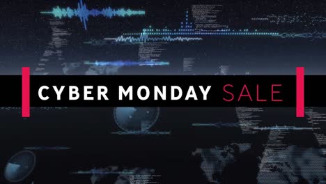 Cyber-monday-sale-text-banner-against-round-scanners-and-data-processing-on-black-background