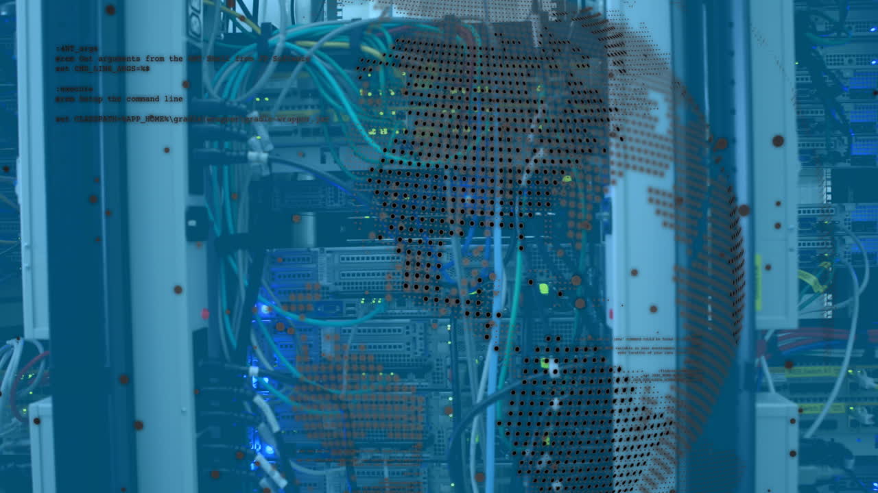 Data processing over spinning globe against close up of a computer server