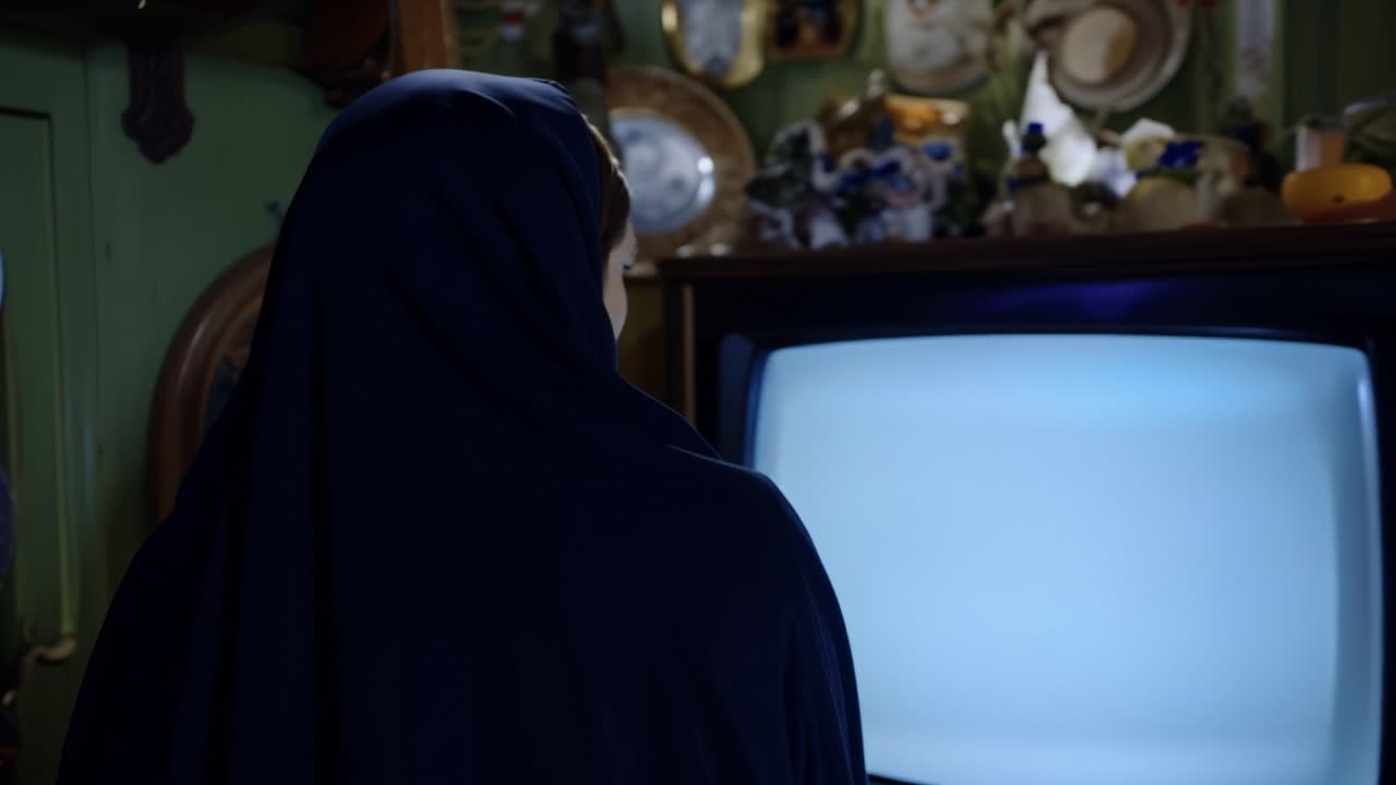 Karanlık cüppeli bir kadın, loş ışıklı bir mutfakta eski bir televizyon izliyor. Odada antika tabaklar, bitkiler ve sıcak, dağınık bir dekorasyon bulunuyor. Kadının hareketsizliği, sessiz bir tefekkür veya ciddi bir odaklanma halini işaret ediyor.
