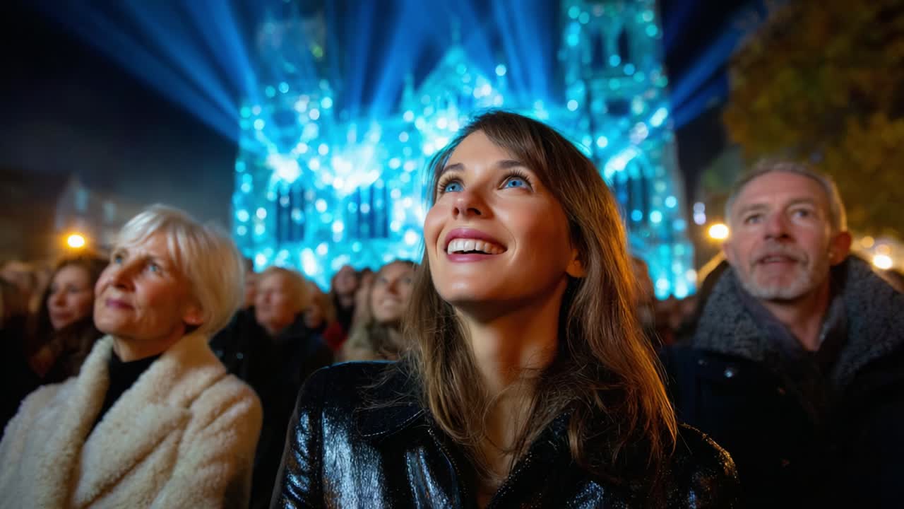 A group of mesmerized spectators enjoying a stunning light display at night, with vibrant beams illuminating a grand structure in the background, creating an atmosphere of wonder and celebration