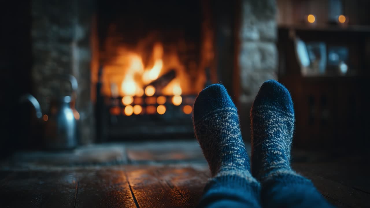 Cozy Evening by the Fireplace: A Serene Moment with Warm Socks and the Gentle Glow of a Flickering Fire Casting a Soft Light Across the Room