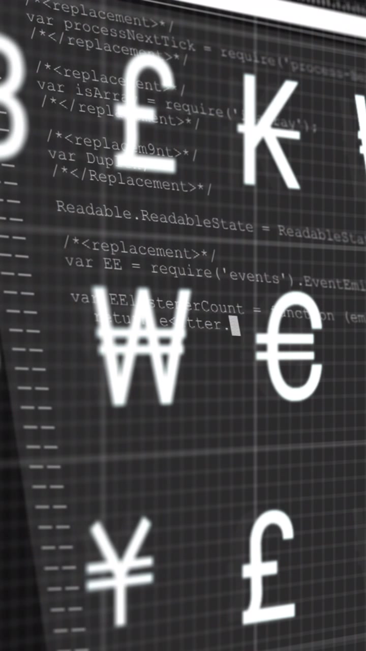 Animation of currency symbols over data processing on black background