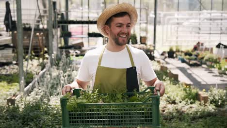 alegre jardinero adulto macho en delantal lleva plantas en una caja