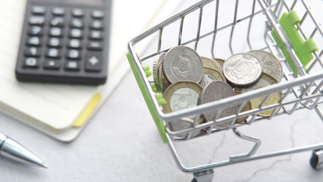 monedas en un carrito de compras - concepto de presupuesto y finanzas