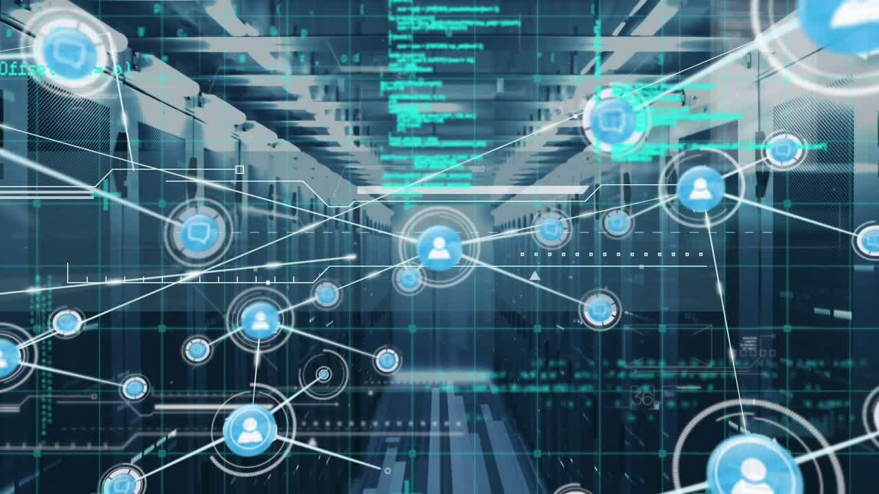 Animation of network of connections with icons and data processing over server room
